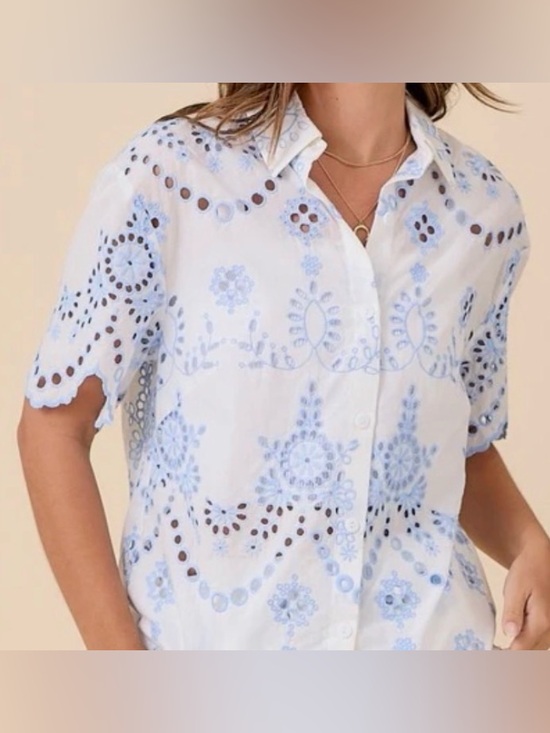 Main Strip Tops - Main Strip White Button-Down Shirt with Light Blue Eyelet Embroidery